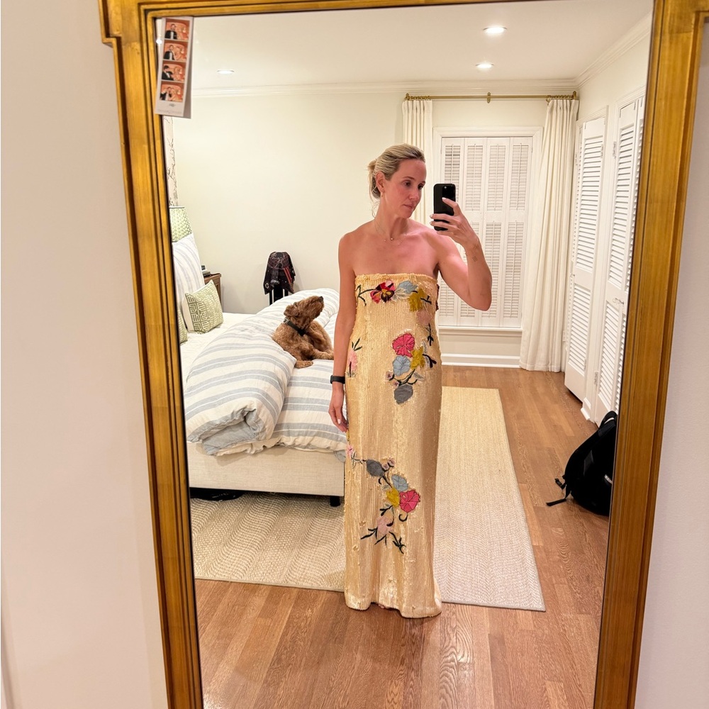 Monique Lhuillier Gold Floral Maxi Dress